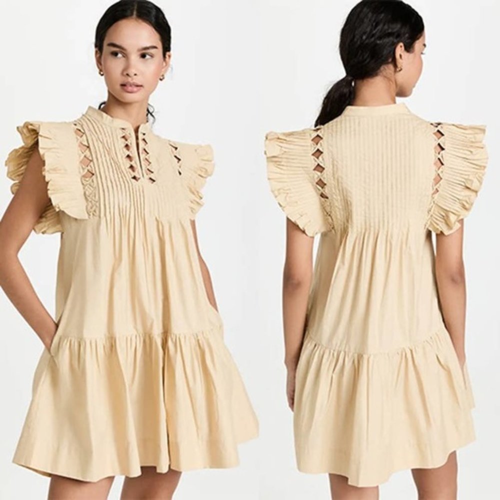 Sea NY Phoebe Cutout Ruffle Tier Pintucked Mini Dress Women's Beige Sz XXS NWOT